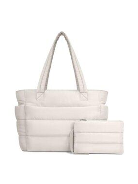Quilted Puffer Tote Bag - Lightweight Shoulder Bag with 9 Pockets & Laptop